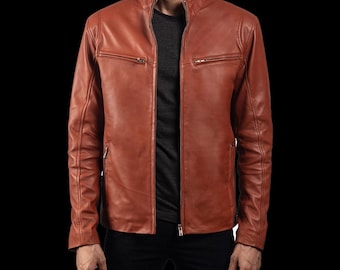 Men’s Tan Brown Leather Moto Jacket – Handmade Slim Fit Outerwear, Real Cowhide Biker Style