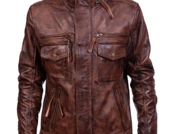 Handmade Distressed Brown Cowhide Leather Field Jacket - Vintage Military Style