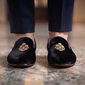 Men Velvet Loafers Black Dress Wedding Shoes Embroidery Tuxedo Slippers. Amazon.com | Men main image 2
