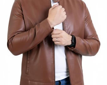 Timeless Brown Leather Biker Jacket – Handmade Genuine Cowhide for Men