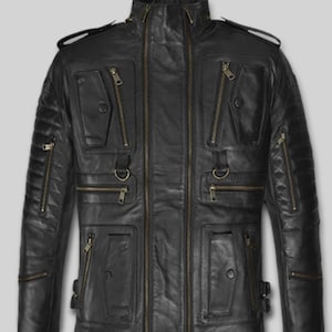 May include: Black leather jacket with multiple pockets, zippers, and a high collar. The jacket features a quilted design on the shoulders and sleeves, with brass-colored zippers and hardware. The jacket has a tailored fit and a sleek, modern aesthetic.