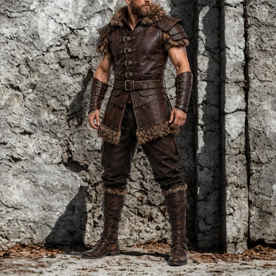 Men's Viking Costume Set, Medieval Warrior Outfit, Leather Armor Vest, Viking Pants, Arm Bracers, Norse LARP Cosplay Costume