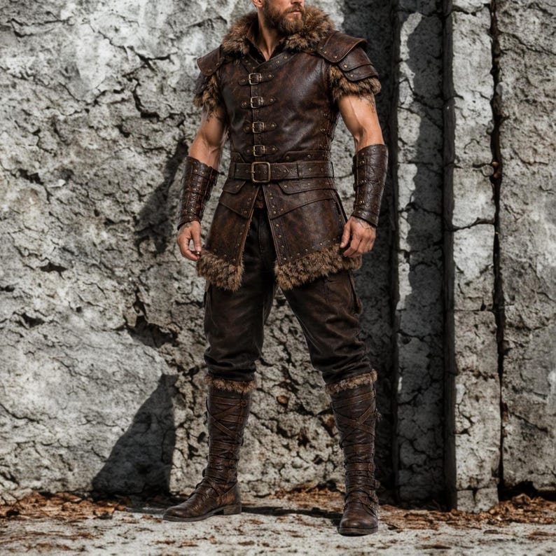Complete men's Viking warrior costume featuring a brown leather-style medieval vest with buckle closures and fur trim, matching leather arm guards, warrior pants and Norse-inspired fantasy styling.