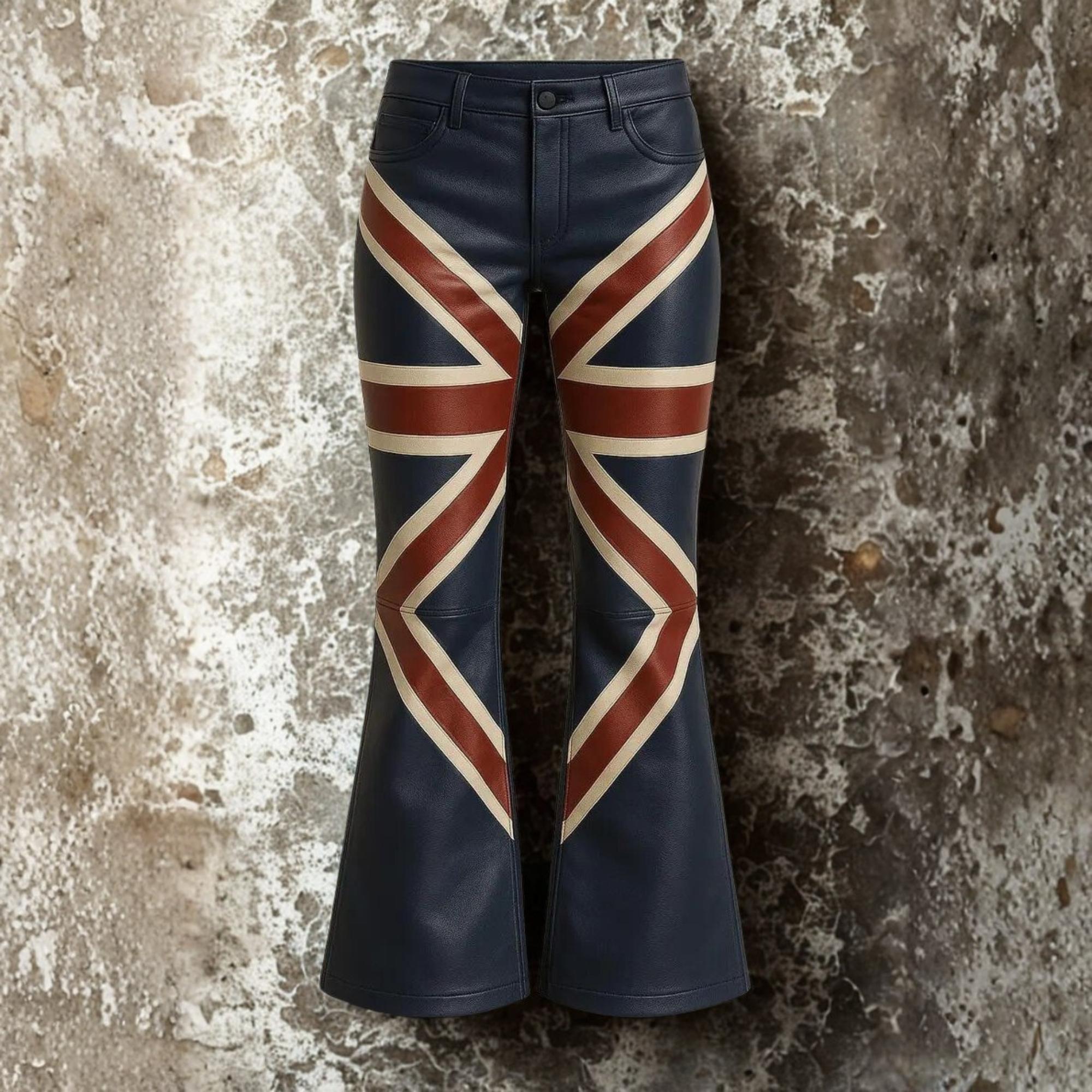Union Jack Leather Bell Bottoms - Retro British Flag Biker Pants