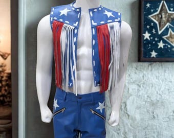 Abito con gilet con frange patriottico, costume western da star degli Stati Uniti, gilet con frange rosso, bianco e blu