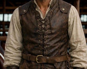 Men's Distressed Leather Pirate Vest, Lace-Up Medieval Renaissance Costume Waistcoat