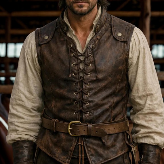 Men's Distressed Leather Pirate Vest, Lace-Up Medieval Renaissance Costume Waistcoat