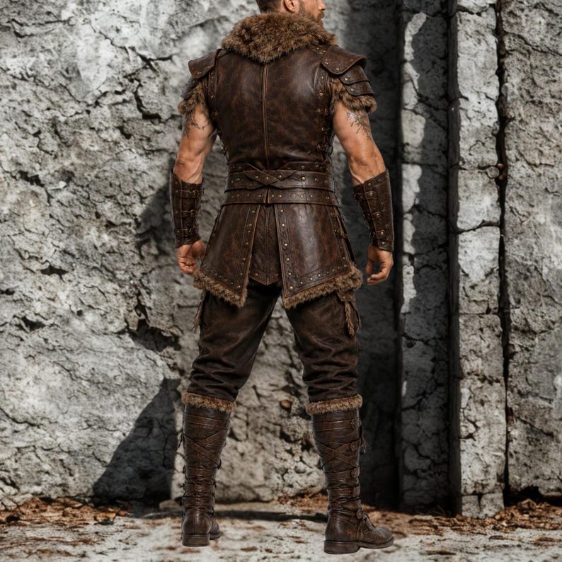 Puede incluir: Un chaleco de cuero marr&oacute;n oscuro con cuello y hombreras ribeteados en piel, combinado con pantalones de cuero a juego y botas altas con cordones. El chaleco presenta una cintura con cintur&oacute;n, detalles de tachuelas y ribetes de piel.