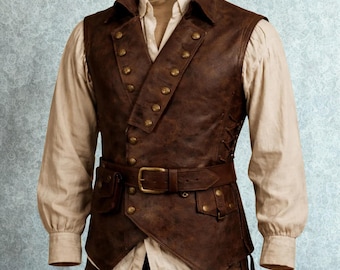 Chaleco de cuero marrón envejecido: chaleco de disfraz steampunk, pirata o medieval.