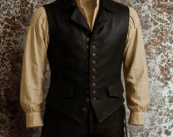 Men's Leather Waistcoat Vest, Vintage Victorian Steampunk Button Front Costume