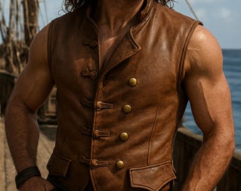Handmade Brown Leather Vest for Men | Pirate Leather Waistcoat | Medieval Viking Vest | Biker Renaissance Sleeveless Jacket