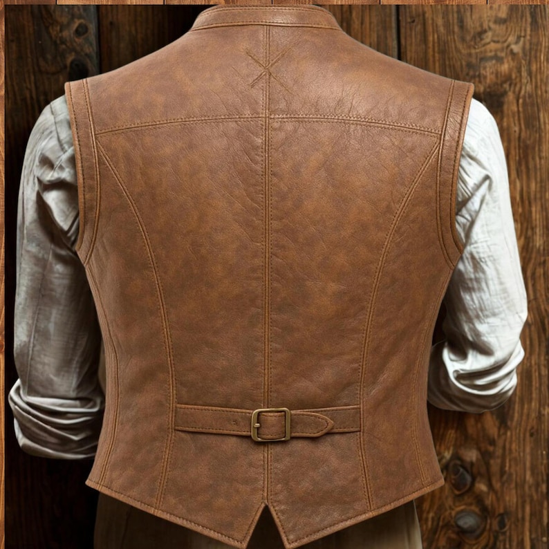 May include: A brown leather vest with a classic design, featuring a notched collar and a buckle closure at the waist. The vest has a tailored fit and visible stitching details. The back of the vest is visible, showing the seams and the overall structure.