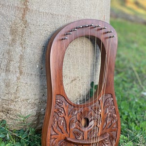 Lyre Harp Brown Rosewood Flower Design 10 Metal Strings Lyre Harps Medieval Musical Instruments With Free Strings, Tuning Key & Bag