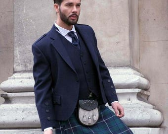 Mens Wool Argyle Kilt Jacket and Vest Scottish Navy Blue Argyll Wedding Jacket for Men | Chest 34&quot; to 54 Inches