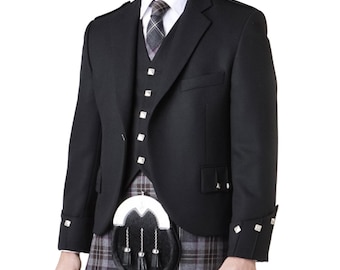 Scottish Black Argyle Kilt Jacket and Waistcoat Handmade 100% Serge Wool Wedding Kilt Jacket for Men | Chest Size 34 to 54 Inches