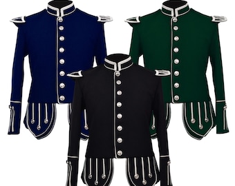 Military Pipe Band Doublet Jacket Silver Braided Wool Scottish Piper Drummer Marching Parade Tunic Wedding Uniform