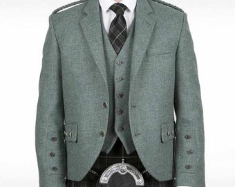 Mens Lovat Green Crail Argyle Kilt Jacket and Vest Scottish Handmade Argyll Wedding Jacket | Chest 34&quot; to 54 Inches