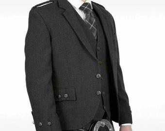 Mens Charcoal Grey Wool Argyle Kilt Jacket and Vest Scottish Handmade Argyll Wedding Jacket | Chest 34&quot; to 54 Inches