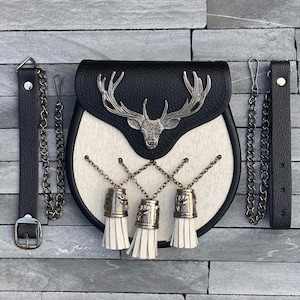 Scottish Stag Head Design Sporran | Leather Sporran | Traditional Leather Kilt Sporran | White Fur and Leather Sporran with 3 Tassels