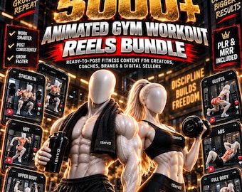 Op de afbeelding: Een digitaal pakket van 5000+ geanimeerde gym workout reels met twee gezichtsloze figuren in een sportschool. De tekst bevat '5000+ ANIMATED GYM WORKOUT REELS BUNDLE', 'FIT CREATE GROW REPEAT', 'SAME CONTENT BIGGER RESULTS' en 'DISCIPLINE BUILDS FREEDOM'.