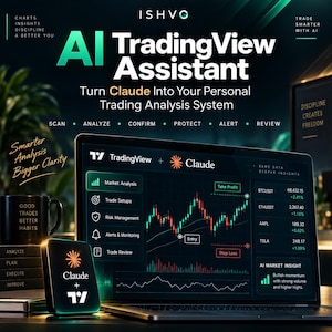 May include: A digital product display featuring an AI TradingView Assistant for Claude. The screen shows market analysis charts, trade setups, and risk management data. A black mug with text and a small glowing device with the Claude and TradingView logos are present.