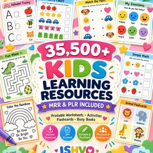 May include: A collection of educational worksheets and activities for children titled 35,500+ KIDS LEARNING RESOURCES. The set includes alphabet tracing, counting, matching, emotion charts, mazes, math problems, colouring pages, and animal flashcards.