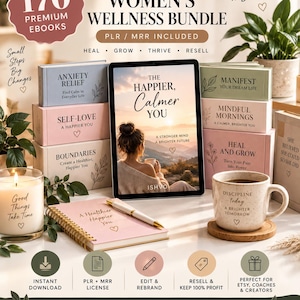 May include: A digital product bundle featuring 170 premium ebooks titled Women's Wellness Bundle. The display includes a tablet showing The Happier, Calmer You, stacked pastel-colored book covers, a pink spiral notebook, a pen, and a ceramic mug.