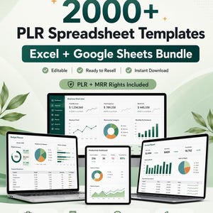 May include: A digital bundle of 2000+ PLR spreadsheet templates for Excel and Google Sheets, featuring a business overview, budget planner, productivity dashboard, and annual report displayed on two laptops and a tablet with green accents.