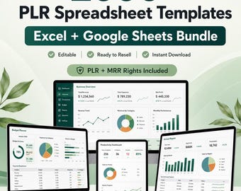 May include: A digital bundle of 2000+ PLR spreadsheet templates for Excel and Google Sheets, featuring a business overview, budget planner, productivity dashboard, and annual report displayed on two laptops and a tablet with green accents.