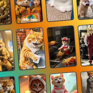 Puede incluir: Una cuadr&iacute;cula de im&aacute;genes con gatos antropom&oacute;rficos en varios escenarios. Un gato lleva un uniforme de McDonald's, otro sostiene un pastel de arco&iacute;ris y otros visten ropa humana. Las im&aacute;genes est&aacute;n sobre un fondo degradado naranja y amarillo.