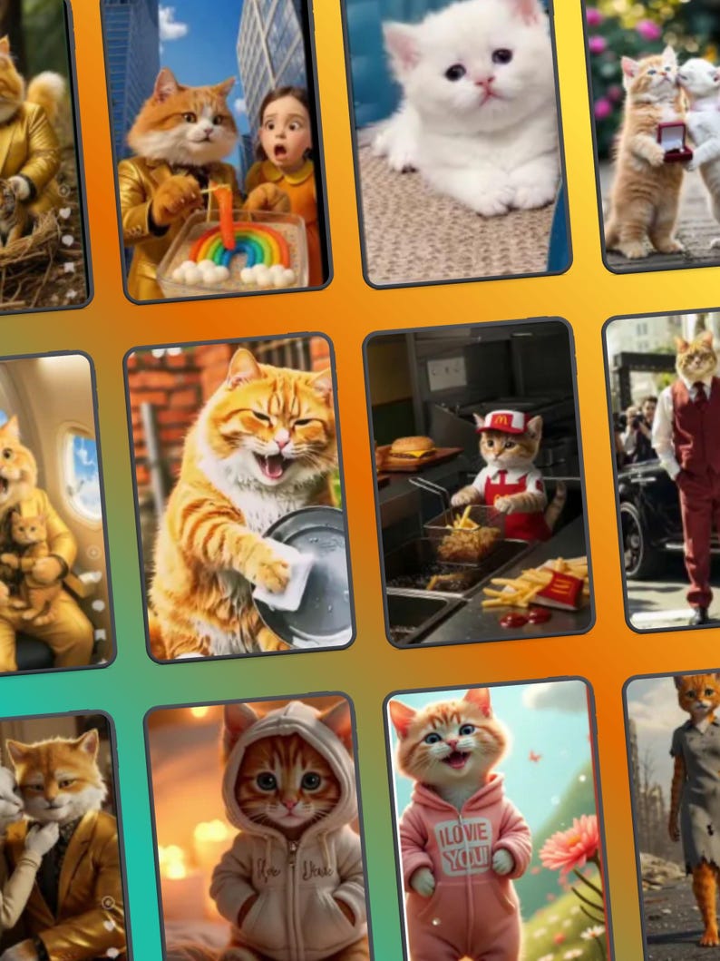 Puede incluir: Una cuadr&iacute;cula de im&aacute;genes con gatos antropom&oacute;rficos en varios escenarios. Un gato lleva un uniforme de McDonald's, otro sostiene un pastel de arco&iacute;ris y otros visten ropa humana. Las im&aacute;genes est&aacute;n sobre un fondo degradado naranja y amarillo.