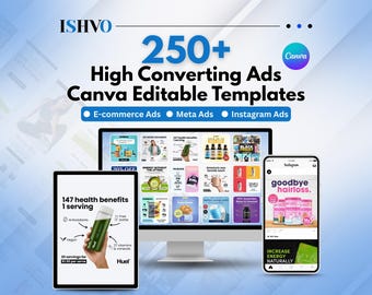 May include: Digital marketing ad templates for e-commerce, Meta, and Instagram. The image shows a computer, tablet, and phone displaying various ad designs. Text includes "250+ High Converting Ads Canva Editable Templates."