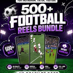 Paquete de más de 500 vídeos virales de fútbol para TikTok Reel, Instagram y YouTube Shorts / PLR + MRR / Descarga instantánea /