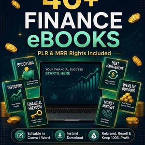 May include: A digital product bundle featuring 40+ Finance eBooks with PLR and MRR rights. The graphic displays a laptop surrounded by books titled Budgeting, Investing, Financial Freedom, Debt Management, Money Mindset, and Wealth Building with gold coins.