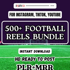 Puede incluir: Gráfico digital que anuncia un paquete de reels de fútbol. La imagen presenta un campo de fútbol verde con una portería, y el texto "500+ Football Reels Bundle" y "HD Ready to Post".