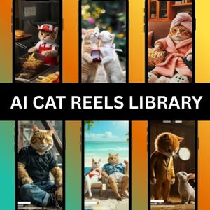 Puede incluir: Seis pantallas de tel&eacute;fonos inteligentes muestran im&aacute;genes generadas por IA de gatos en varios escenarios. Las escenas incluyen un gato en un restaurante de comida r&aacute;pida, gatos con un anillo y gatos relaj&aacute;ndose. Se muestra el texto "AI CAT REELS LIBRARY".