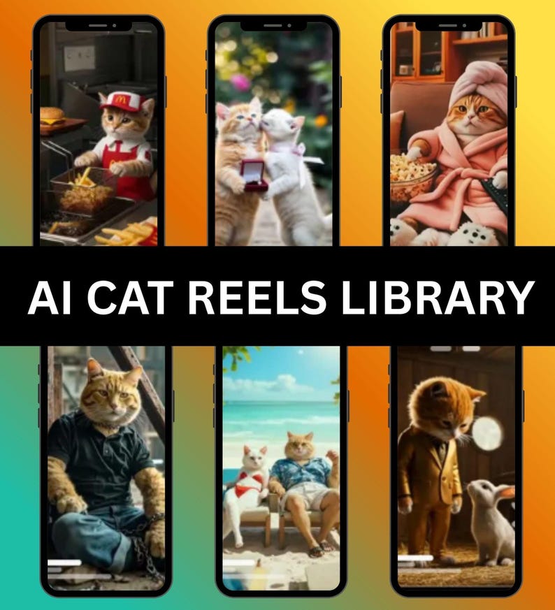 Puede incluir: Seis pantallas de tel&eacute;fonos inteligentes muestran im&aacute;genes generadas por IA de gatos en varios escenarios. Las escenas incluyen un gato en un restaurante de comida r&aacute;pida, gatos con un anillo y gatos relaj&aacute;ndose. Se muestra el texto "AI CAT REELS LIBRARY".