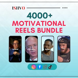 May include: Promotional graphic for "4000+ Motivational Reels Bundle" featuring images of public figures on smartphones. The graphic includes social media icons and the Ishvo logo, set against a light blue background.