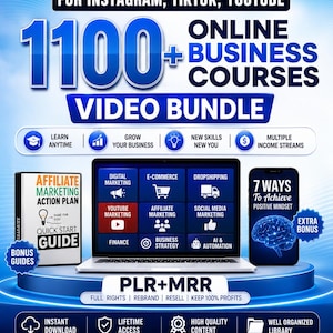 May include: A digital product bundle featuring 1100+ online business courses for Instagram, TikTok, and YouTube. The graphic displays a laptop, an Affiliate Marketing Action Plan guide, and a 7 Ways to Achieve Positive Mindset bonus guide.