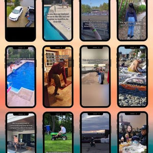 K&ouml;nnte beinhalten: Ein Raster aus zw&ouml;lf Smartphone-Bildschirmen, die verschiedene kurze Videoclips zeigen, darunter Szenen von einem Swimmingpool, einem Rasenm&auml;her, einem Elefanten, einem Fallschirmspringer mit US-Flagge und Menschen, die mit Objekten interagieren, alle mit Text.