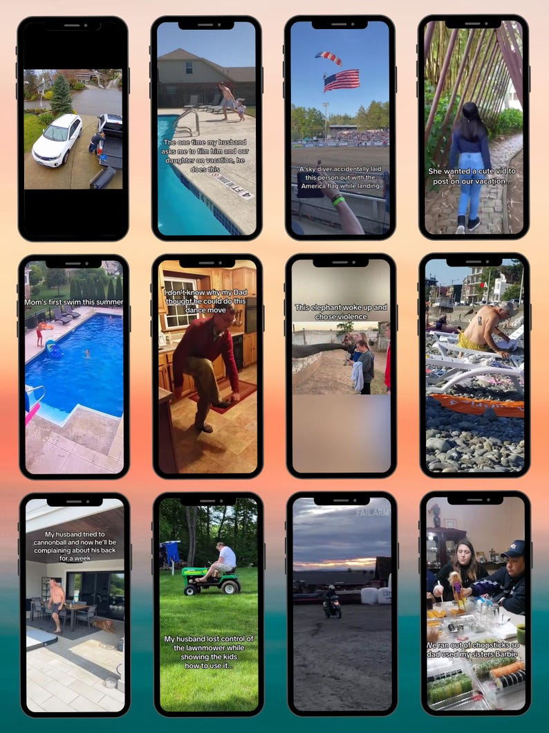 K&ouml;nnte beinhalten: Ein Raster aus zw&ouml;lf Smartphone-Bildschirmen, die verschiedene kurze Videoclips zeigen, darunter Szenen von einem Swimmingpool, einem Rasenm&auml;her, einem Elefanten, einem Fallschirmspringer mit US-Flagge und Menschen, die mit Objekten interagieren, alle mit Text.