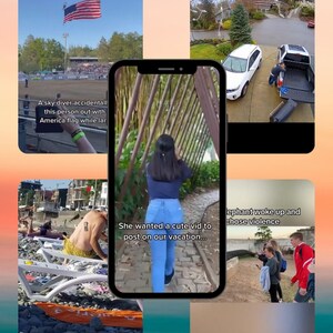K&ouml;nnte beinhalten: Ein Smartphone zeigt ein Video einer Person, die durch eine Holzstruktur geht, umgeben von vier kleineren Videoclips, die einen Fallschirmspringer mit einer amerikanischen Flagge, eine Einfahrt mit zwei Fahrzeugen, einen Strand und eine Gruppe zeigen.
