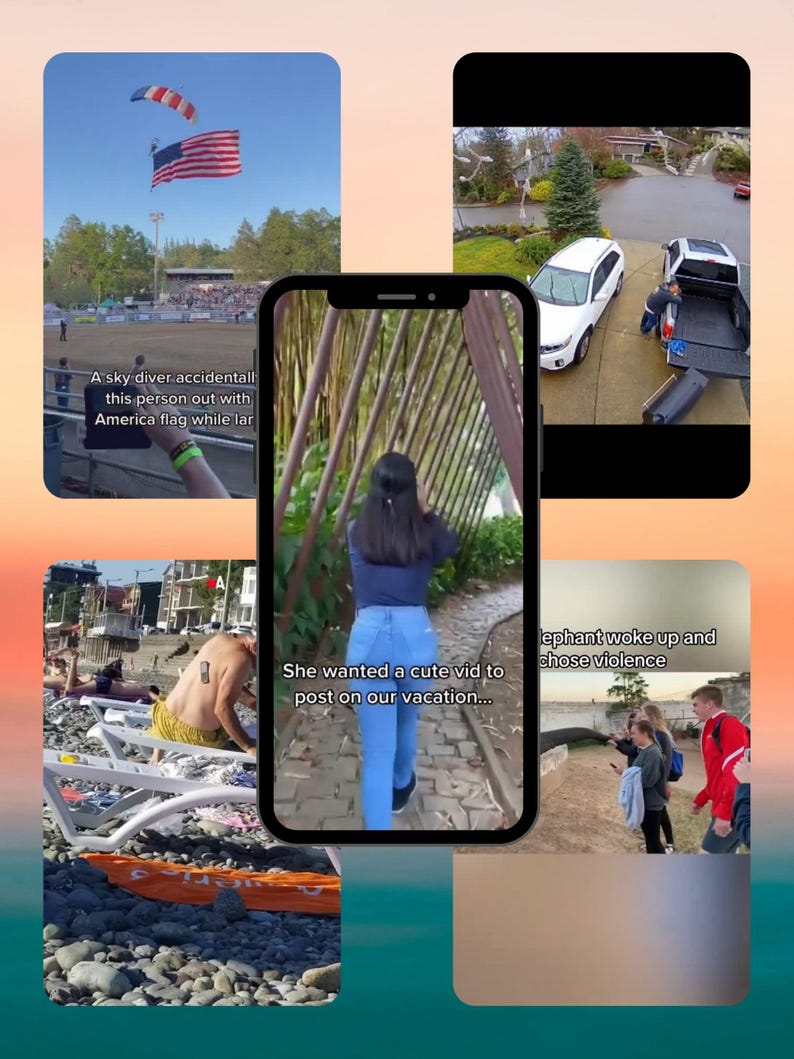 K&ouml;nnte beinhalten: Ein Smartphone zeigt ein Video einer Person, die durch eine Holzstruktur geht, umgeben von vier kleineren Videoclips, die einen Fallschirmspringer mit einer amerikanischen Flagge, eine Einfahrt mit zwei Fahrzeugen, einen Strand und eine Gruppe zeigen.