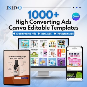 May include: Digital marketing graphic with the text "1000+ High Converting Ads Canva Editable Templates." The image shows a computer, tablet, and phone displaying example ads for e-commerce, Meta, and Instagram. The tablet shows a coffee product.