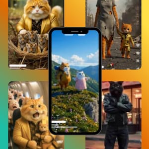 Puede incluir: Un collage de im&aacute;genes con gatos antropom&oacute;rficos en varios escenarios. Una imagen muestra un gato con un traje dorado con cachorros de tigre. Otra representa a una familia de gatos en un entorno postapocal&iacute;ptico. Otras im&aacute;genes muestran gatos en una monta&ntilde;a y en un avi&oacute;n.