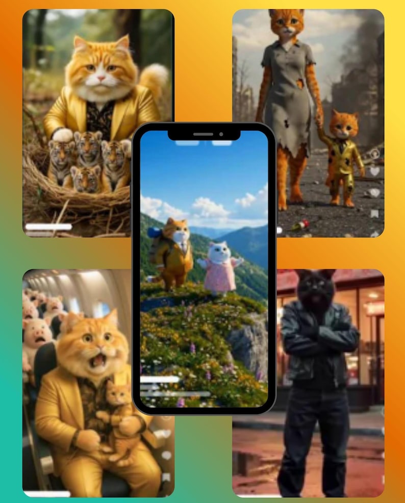 Puede incluir: Un collage de im&aacute;genes con gatos antropom&oacute;rficos en varios escenarios. Una imagen muestra un gato con un traje dorado con cachorros de tigre. Otra representa a una familia de gatos en un entorno postapocal&iacute;ptico. Otras im&aacute;genes muestran gatos en una monta&ntilde;a y en un avi&oacute;n.