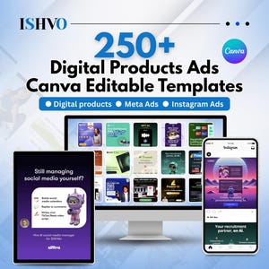 May include: Digital product ads Canva editable templates. The image shows a computer monitor, tablet, and smartphone displaying digital ads. The text includes "250+ Digital Products Ads Canva Editable Templates". The image also includes the text "Digital products Meta Ads Instagram Ads".