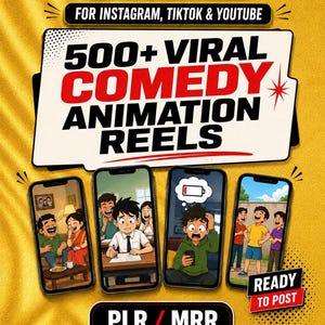 Paquete de más de 500 divertidos reels de animación / Videos virales de comedia y memes / Contenido listo para publicar / Derechos PLR MRR / Shorts para TikTok, Instagram y YouTube