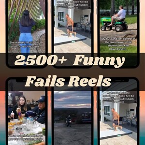 K&ouml;nnte beinhalten: Eine digitale Collage aus sechs Smartphone-Bildschirmen, die kurze Videoclips zeigen, mit dem fetten wei&szlig;en Text 2500+ Funny Fails Reels, der &uuml;ber den Bildern zentriert ist. Die Clips zeigen verschiedene humorvolle Situationen, darunter einen Rasenm&auml;her.