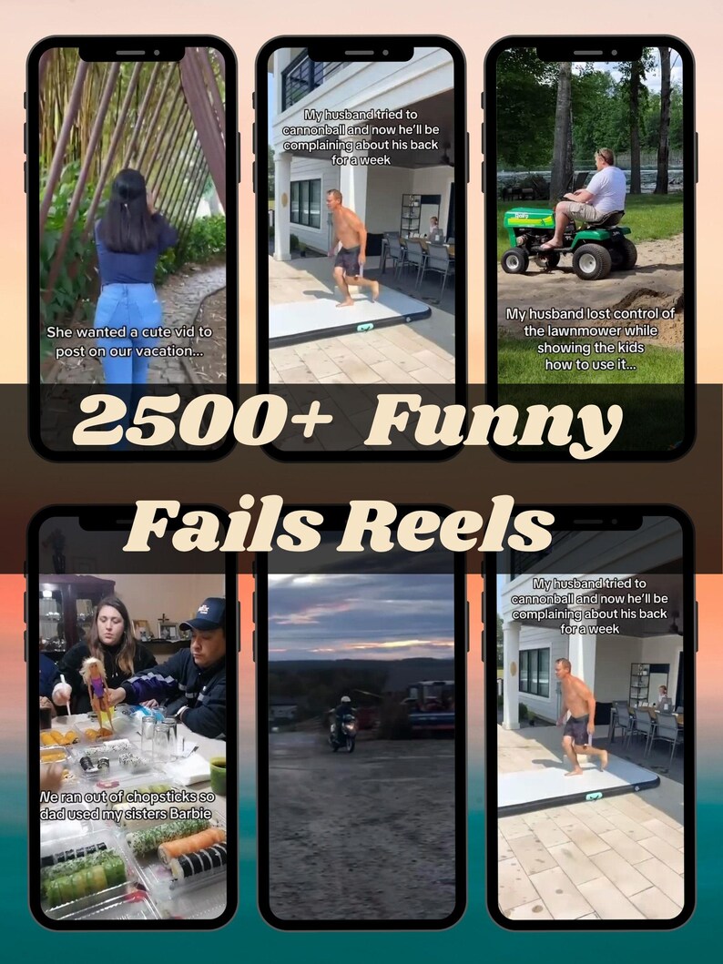 K&ouml;nnte beinhalten: Eine digitale Collage aus sechs Smartphone-Bildschirmen, die kurze Videoclips zeigen, mit dem fetten wei&szlig;en Text 2500+ Funny Fails Reels, der &uuml;ber den Bildern zentriert ist. Die Clips zeigen verschiedene humorvolle Situationen, darunter einen Rasenm&auml;her.